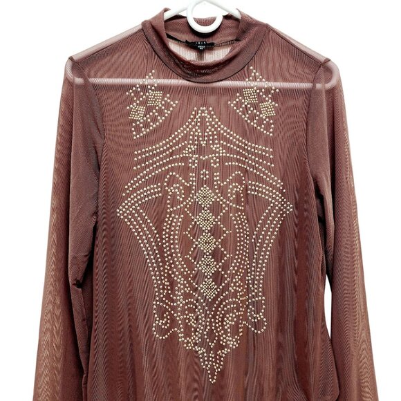 Sheer Burgundy Bodysuit Embellishments Long Sleeve Mock Neck Stretch Fit IRIS 3X - Picture 3 of 10